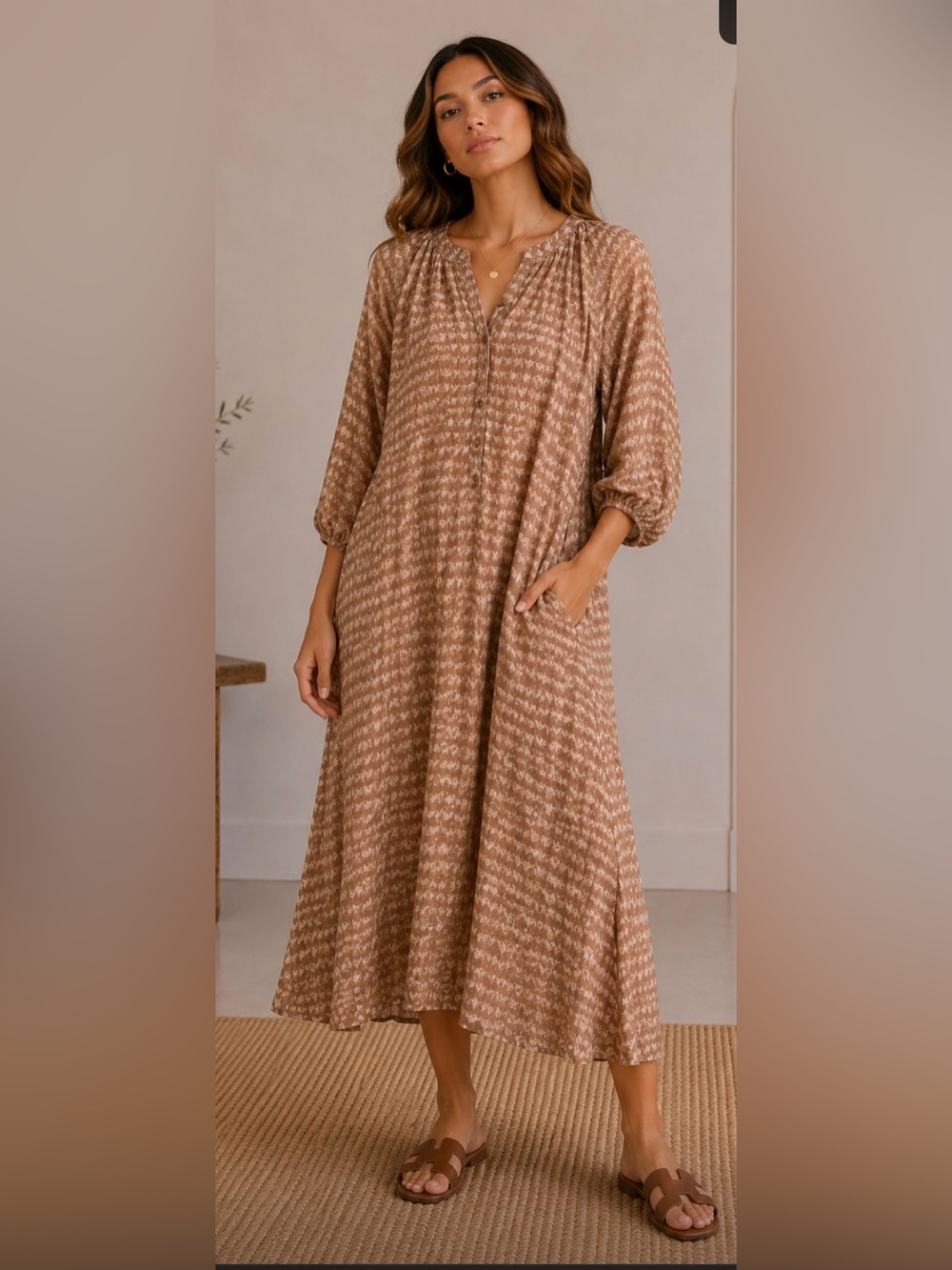 Anthro Dress Forum Effortless Brown-Tan Print Midi Dress size small
